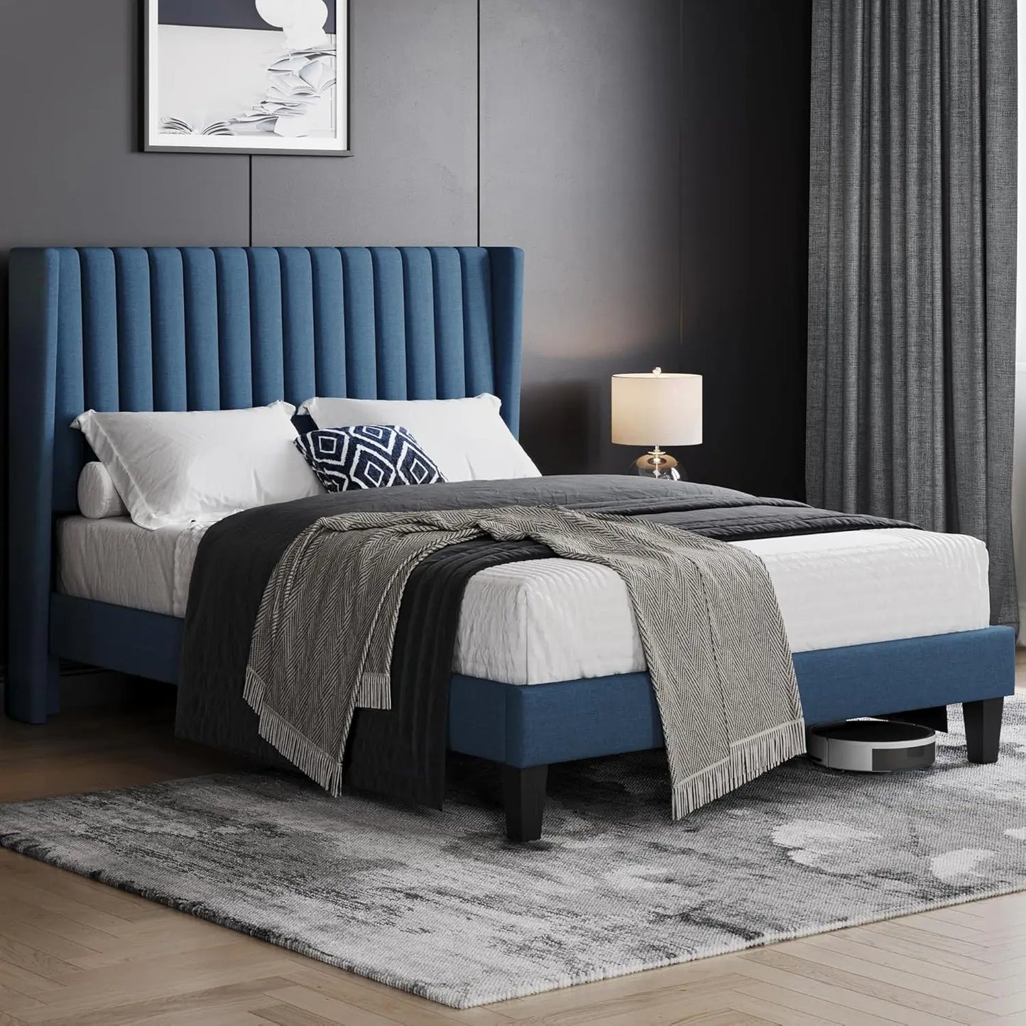 Bed Frame Upholstered Platform Bed with Fabric Headboard, Wing Edge Design/Non-Slip and Noise-Free/Wooden Slats Support