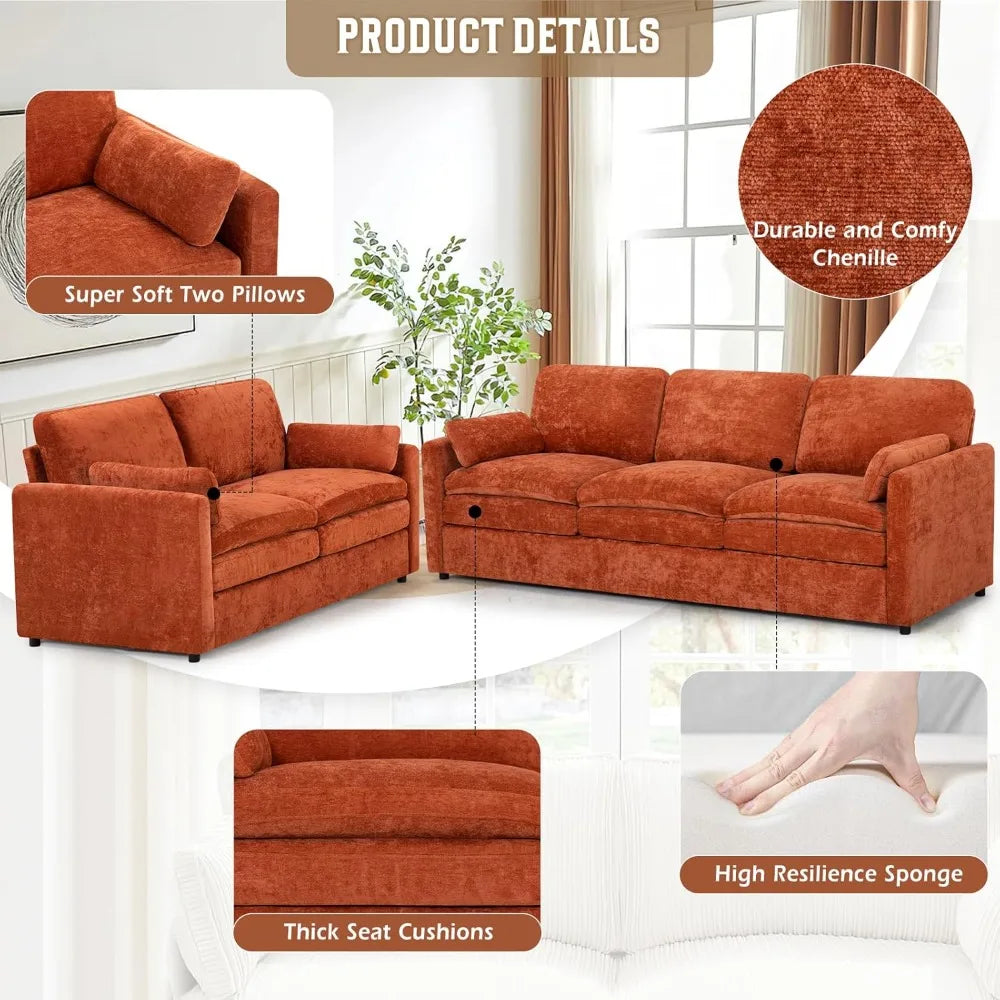 Modern 3 Seater  Sofa with Upholstered Cushions, 2 Pieces  Couch with Soft and Thickened Seats for Living Room, Office, Orange