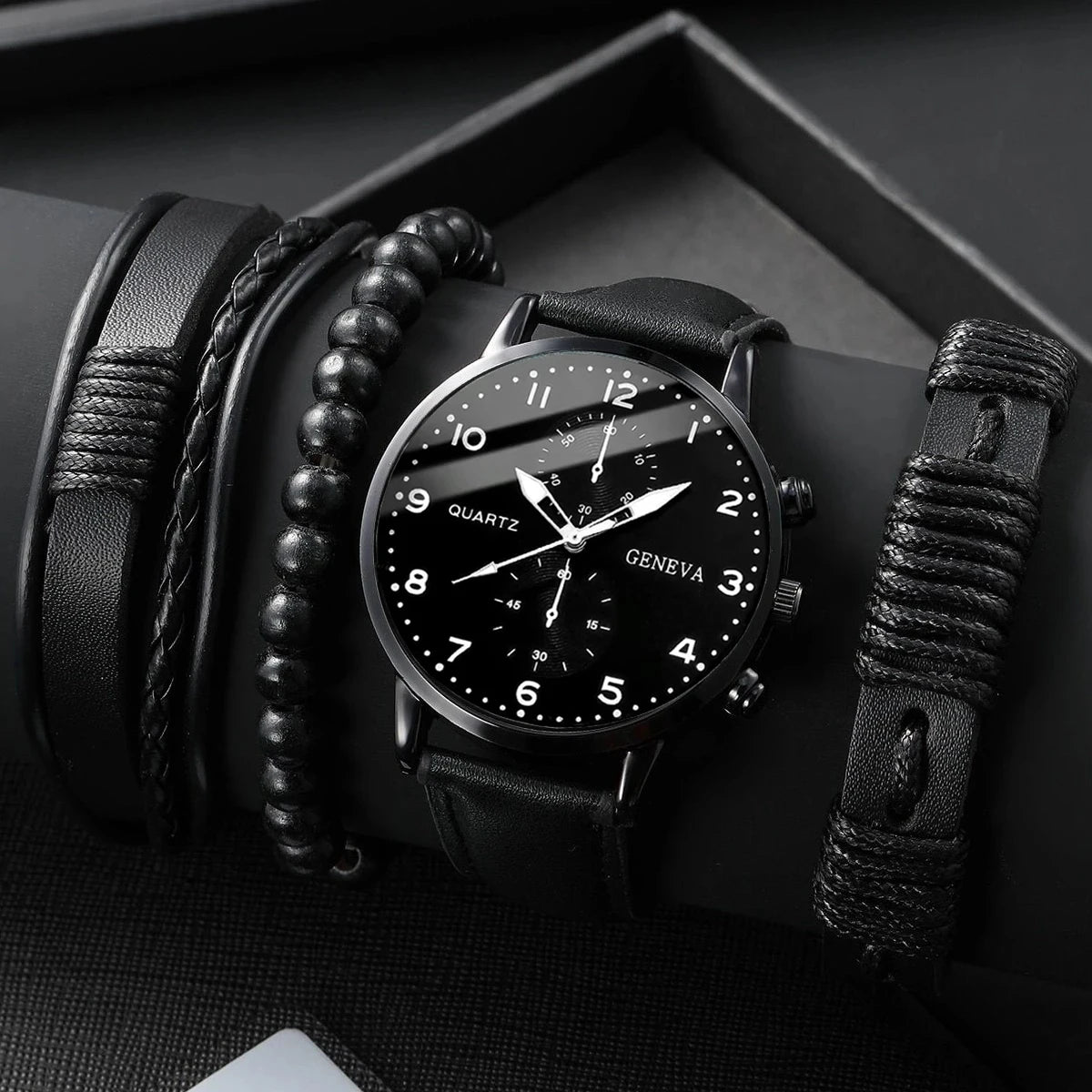 5PCS/Set Men's Business Watches Fashion Arabic Dial Leather Band Quartz Watch Bracelets Set（Without Box）