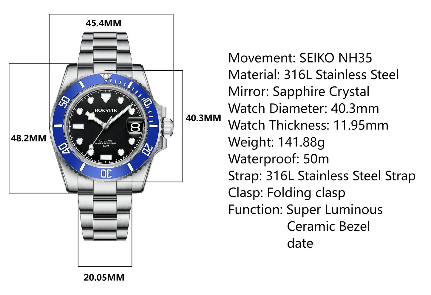 ROKATIE 40mm NH35 automatic movement man watches Business Luminous automatic man watch Luxury Sapphire Crystal Watches for men