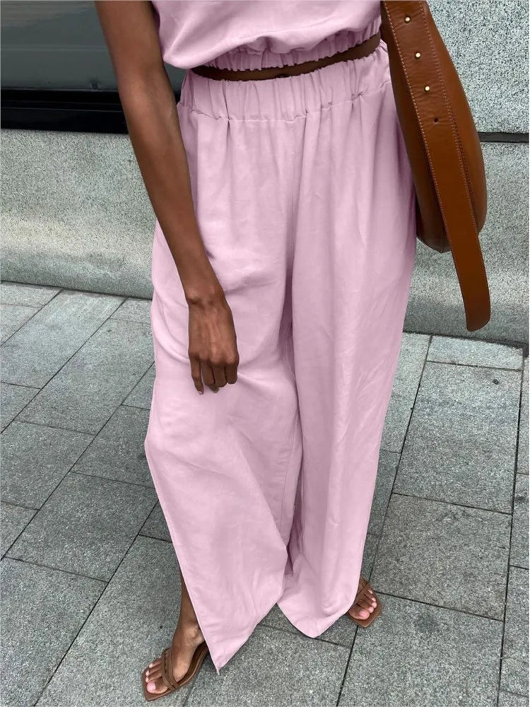 2025 New Fashion Cotton Linen Khaki Pants Sets Vacation Summer Sleeveless Tops And Split Pant Suits Two Pieces Office Ladies Set