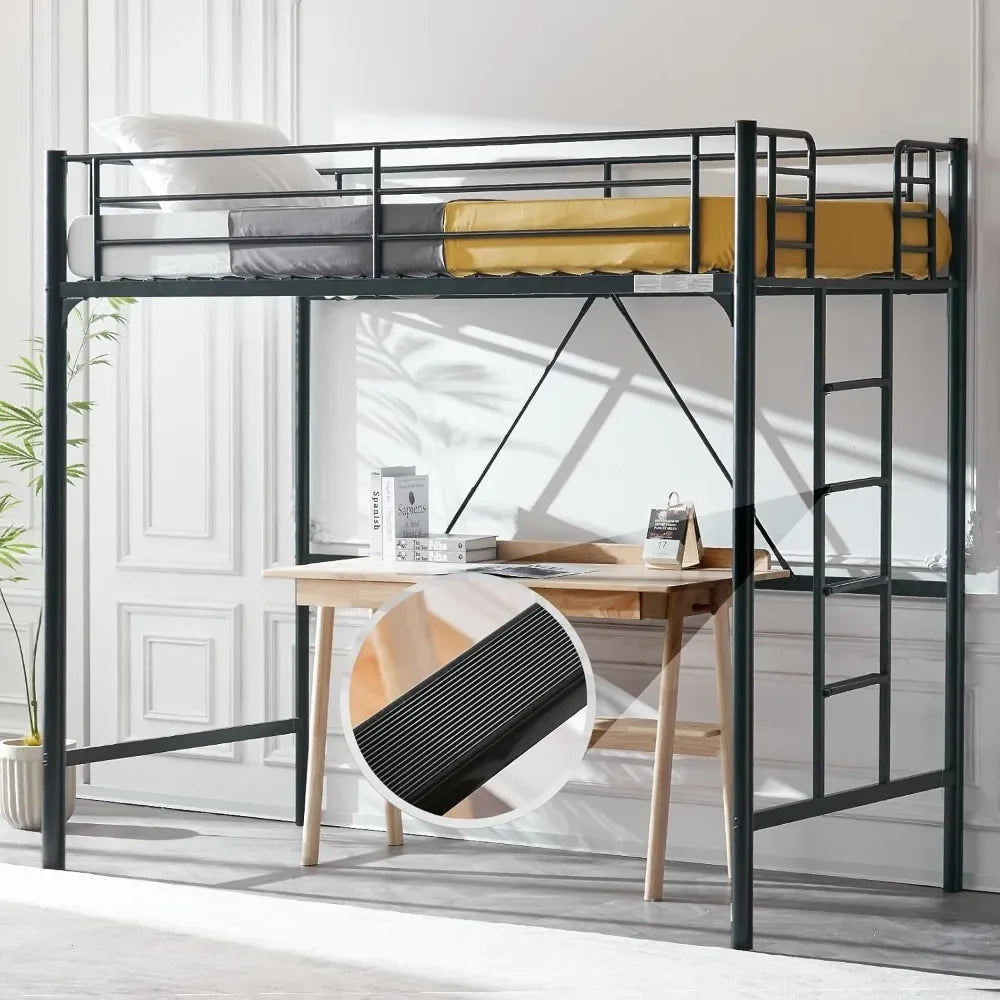 Flat Ladder Rung for Kids Teens Adults Heavy Duty Metal Single Bunk Bed Loft with Safety Guard Rails for Small Space