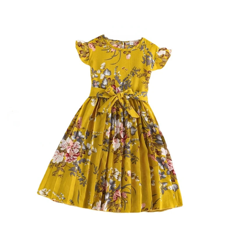 Dress For Kids 5-14 Years old Birthday Cute Floral Ruffled Sleeve Pleated Skirt Princess Dresses Ootd For Baby Girl