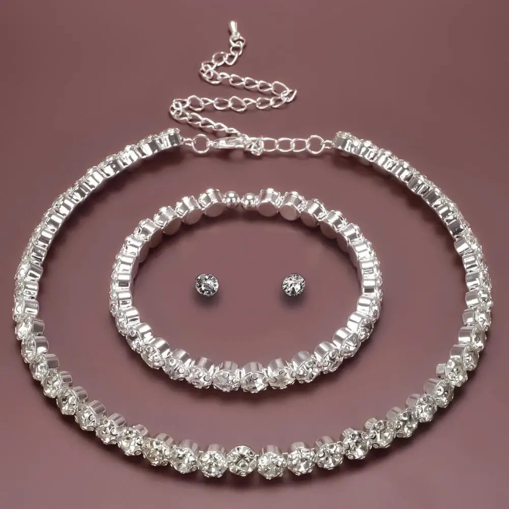 4Pcs/Set Luxury Women Necklace Jewelry Suit Electroplating High Gloss Female Shining Rhinestone Earrings Bracelet Necklace Set
