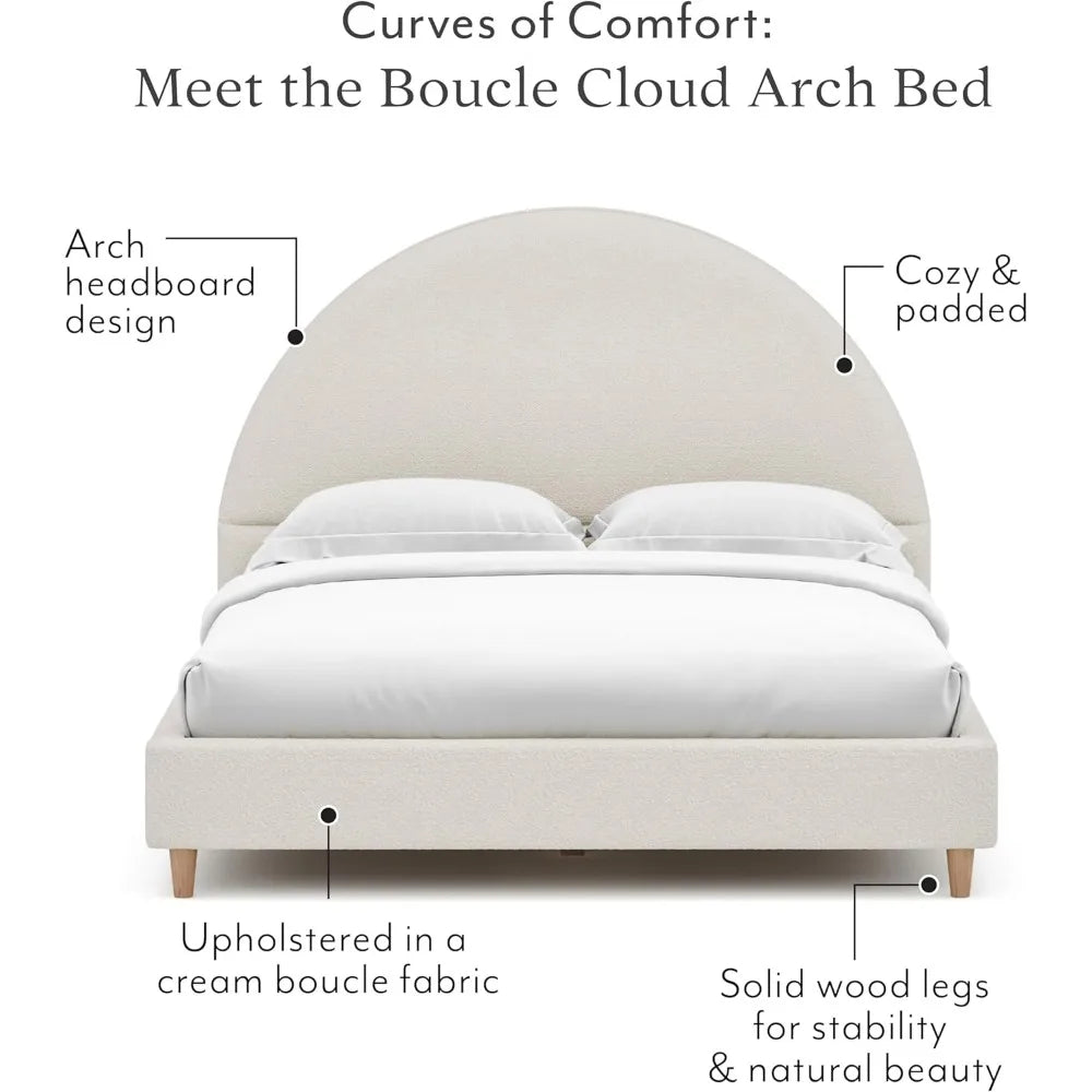 DG Casa Boucle Cloud Bed Frame with Arch Shaped Headboard, Upholstered in Soft Fabric, Platform Bed Frame with Solid Wood Legs -