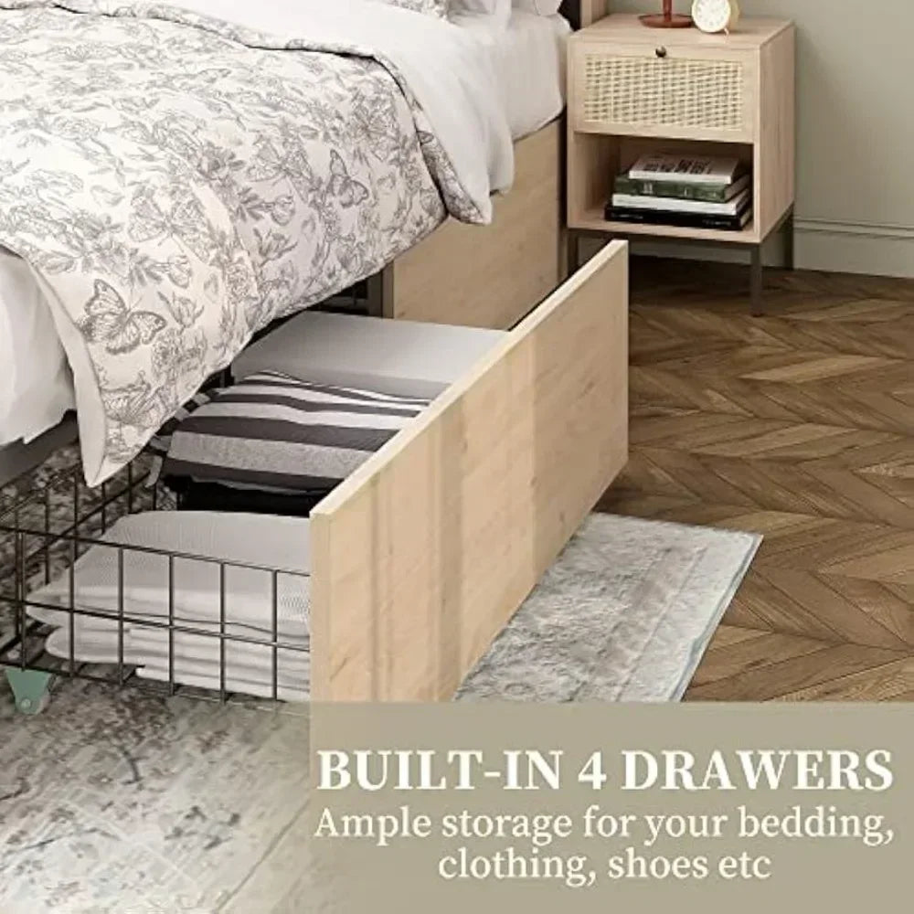 with Natural Rattan Headboard and Wooden 4 Storage Drawers,Metal Platform with Strong Wooden Slats Support,No Box Spring Needed
