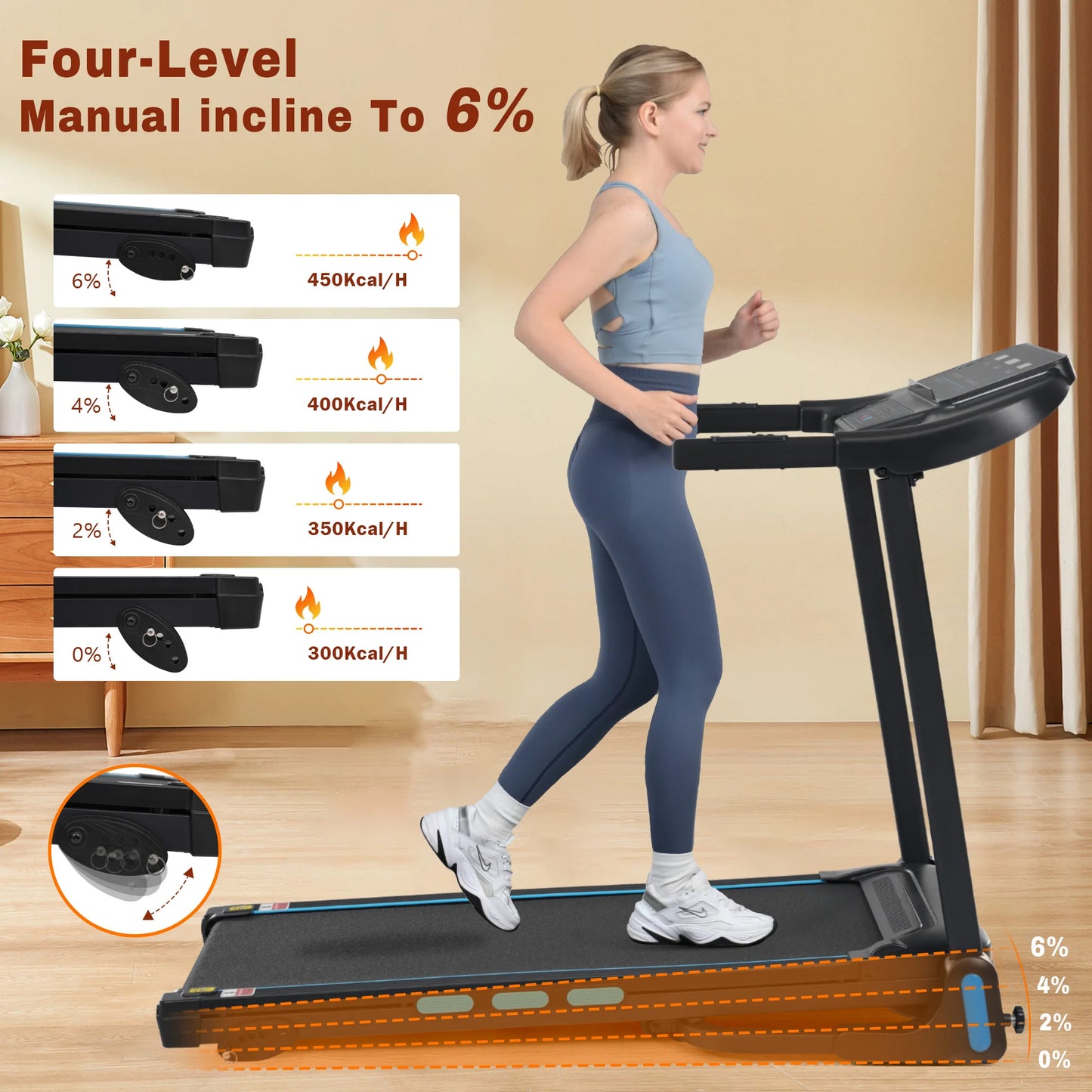 Auto Foldable Treadmills for Home 3.5HP Hydraulic System with Incline 10MPH Max 350Lbs Heart Rate Sensors USB Charge Bluetooth