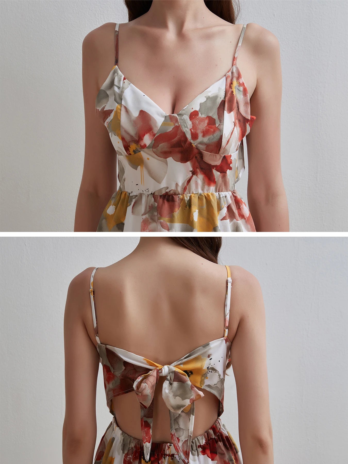 Women Summer Fashion Printed V-neck Dress Beach Style Sleeveless Halter Neck Tie-up Ruffled A-Line Dress Party Vacation Dresses