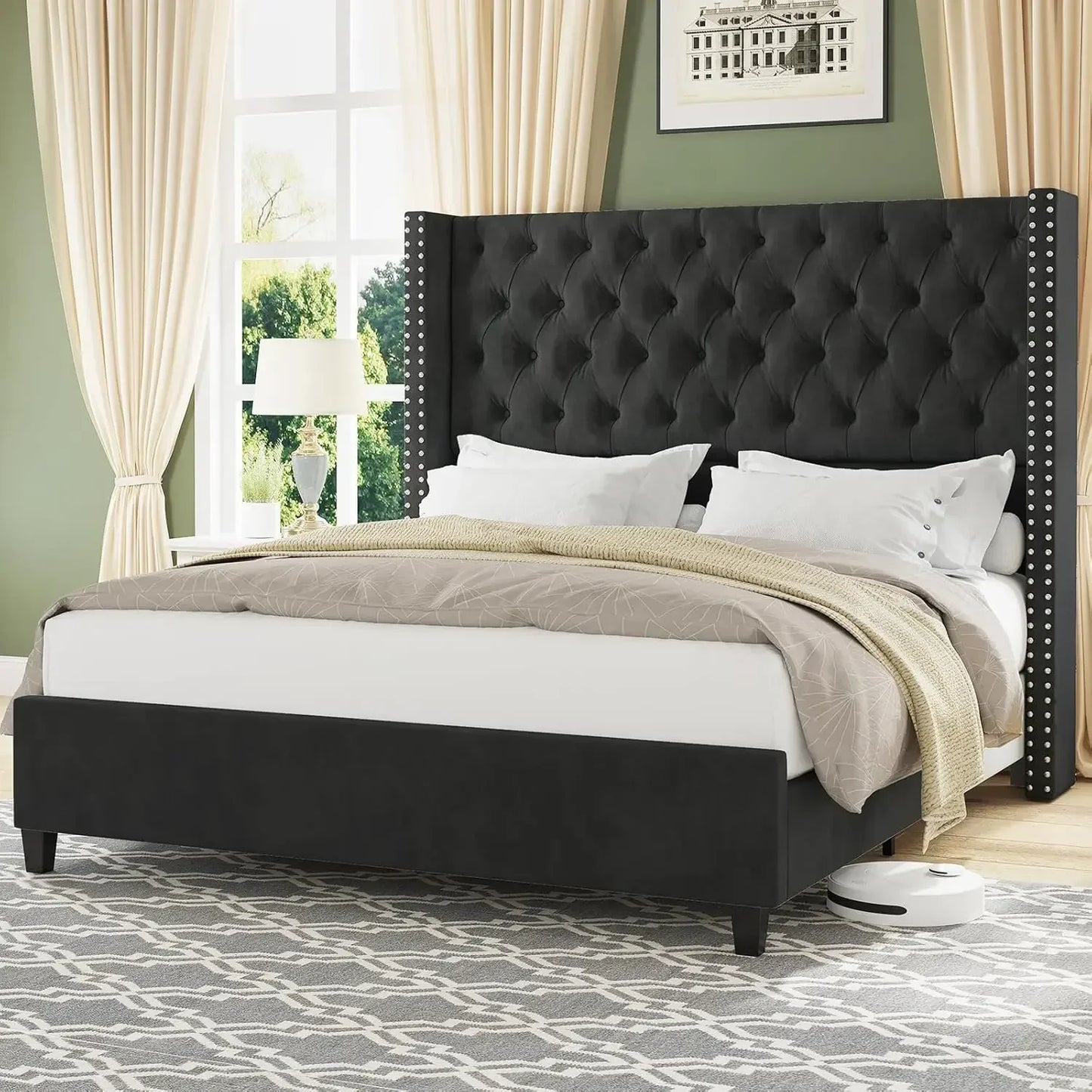 Upholstered Bed Frame with Tall Headboard Wingback Platform Bed Tufted Deep Button Velvet/No Box Spring Needed/Easy Assembly