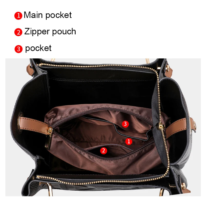 High end black women's handbag with large capacity made of high-quality cowhide and printed with letters