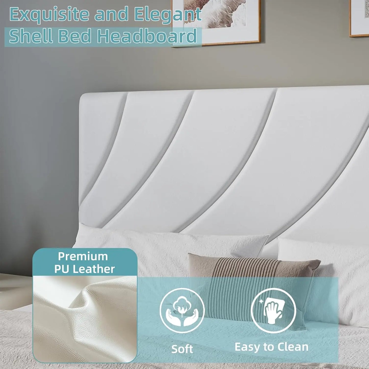 Queen Bed Frame, White Queen Upholstered Bed Frame with Shell Shaped Headboard, Wood Slats Support, PU Leather,
