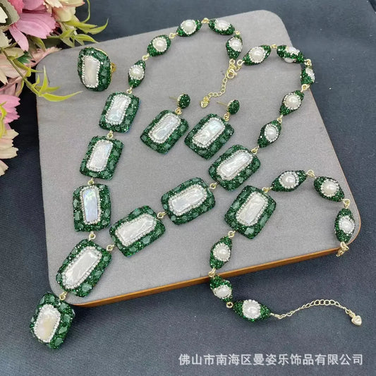 New Baroque pearl jewelry set inlaid with natural rough stone premium four-piece set exaggerated personalized design jewelry