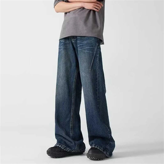 Baggy Jeans Men Distressed Denim Wide Leg Pants Pleated Oversize Hip Hop Trousers Male Korean Streetwear Men Clothing