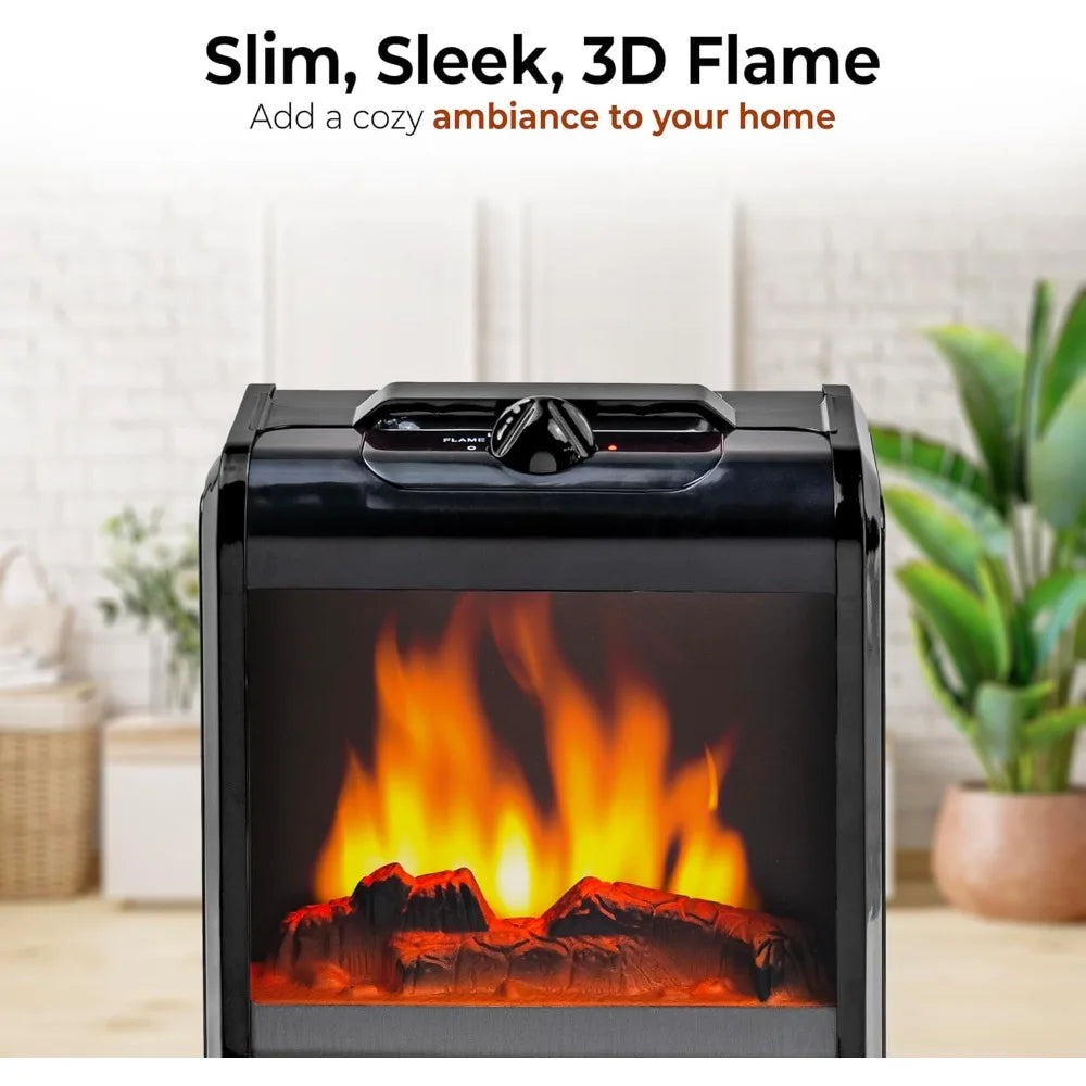 Electric Mini Fireplace Space Heater with Realistic 3D Flame, Stay-Cool Body, Carry Handle, Overheat Sensor, and Tip-Over Switch