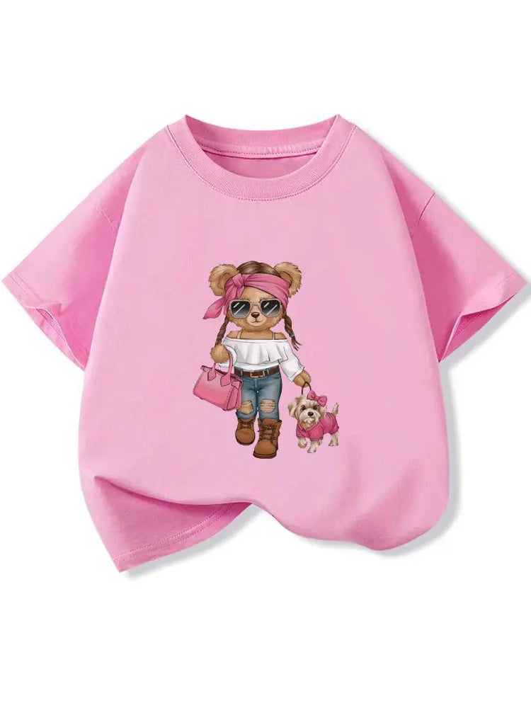 New Y2K Tops Trendy Bear Cartoon Graphic Print Baby Girls T-shirt Cotton Kids Tops Tee Summer Fashion T Shirt 6 8 10 12 Years