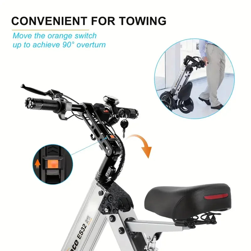 Electric Scooter 3 Wheels Foldable Trike with Seat for Adults, Light Weight Mobility 10 Inch Pneumatic Tires Tricycle