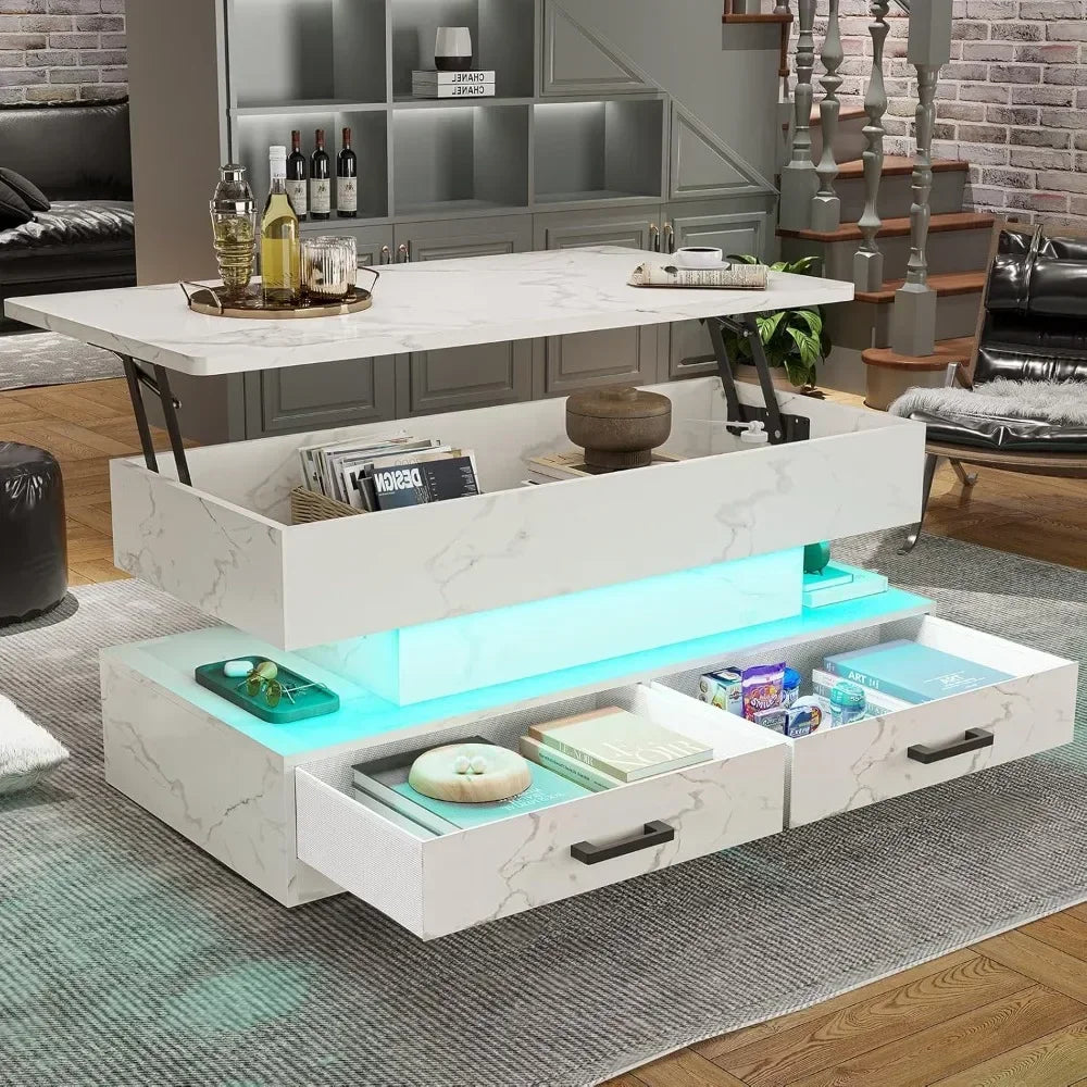 40" Lift Top Coffee Table, Coffee Tables with Storage for Living Room, Small Coffee Table with 2 Fabric Drawers & LED Lig