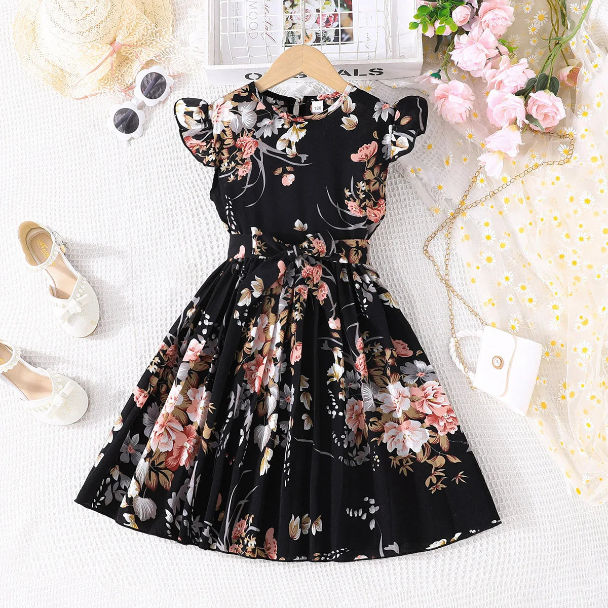 Dress For Kids 5-14 Years old Birthday Cute Floral Ruffled Sleeve Pleated Skirt Princess Dresses Ootd For Baby Girl