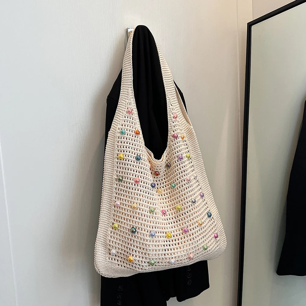 Women Crochet Shoulder Bag Knitted Tote Bag Large Capacity Fashion Tote Handbags with Colorful Pearls Outdoor Travel Bag