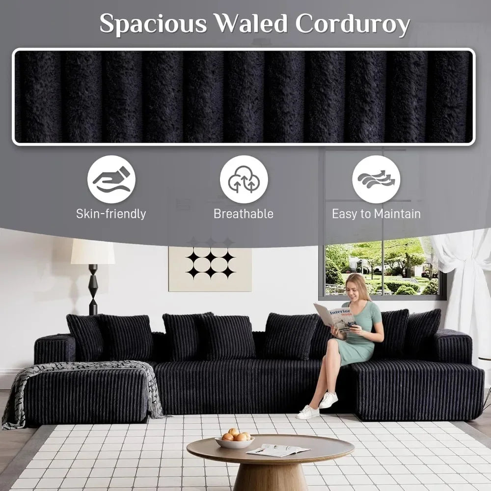 131" Modular Sectional Couch, Luxury Black Sectional Couches for Living Room, Comfy Corduroy Couch Sectional Sofa