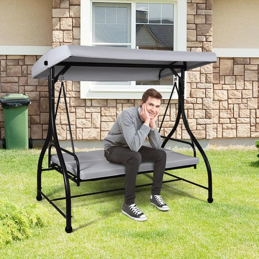 Garden Swing Chair, 3 Seater Convertible Outdoor Hammock Bench Chair with Adjustable Canopy and Cushions, Patio Swing Bench