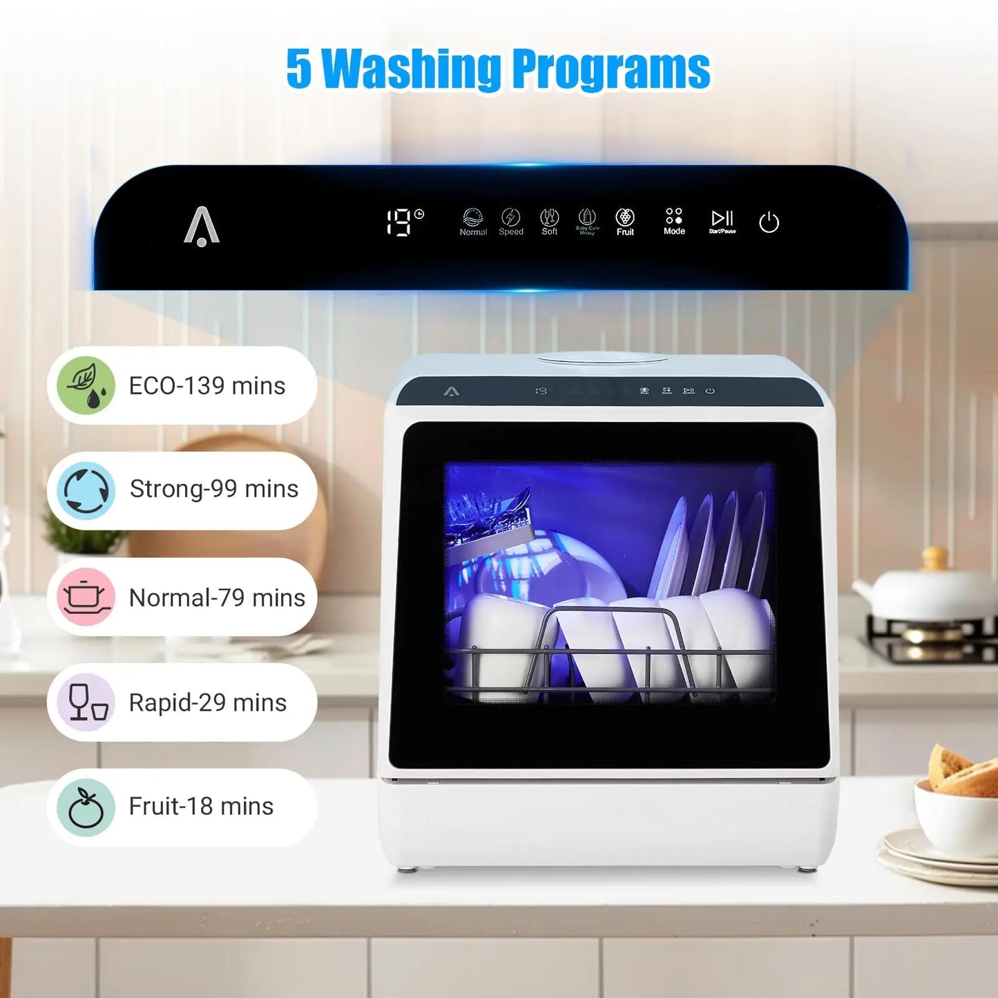 Portable Dishwasher Countertop, Dishwasher Countertop 5L Built-In Water Tank, No Hookup Needed, 5 Washing Programs