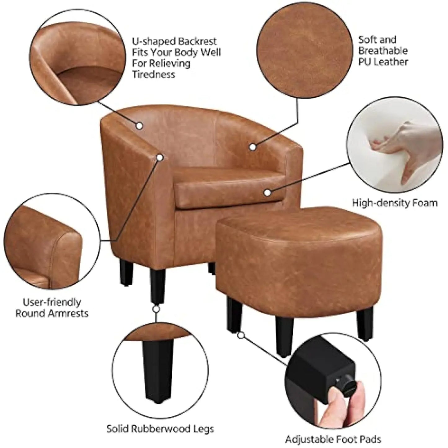 Accent Chair with Ottoman Footstool, PU Leather Modern Upholstered Soft Barrel Chair, Comfy Club Armchair and Footrest Set for