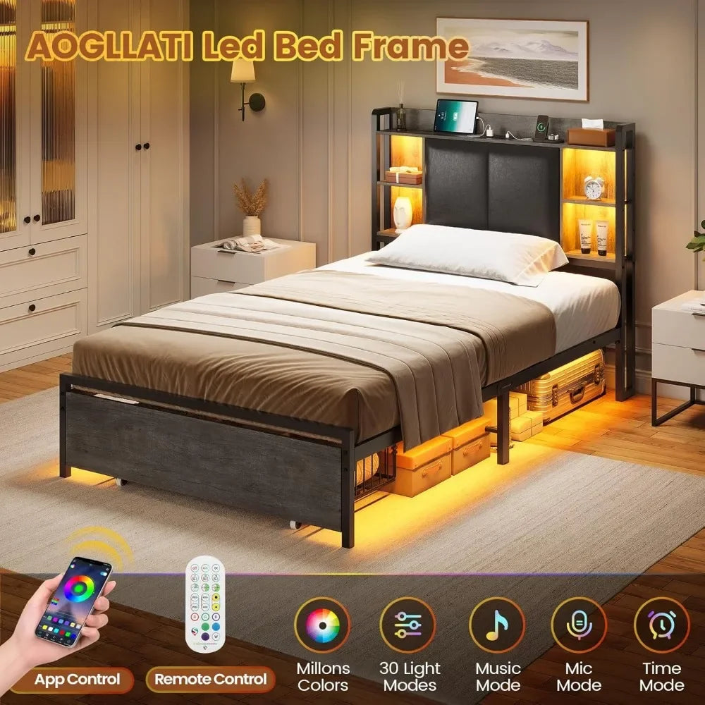 Twin Bed Frames with Headboard and 2 Storage Drawers, Twin Bed Frame with Charging Station and Led Lights