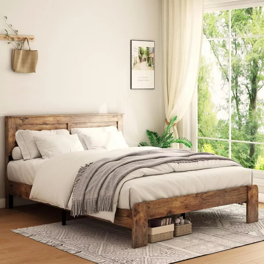 Bed Frame, Rustic Vintage Platform Bed Frame with Wood Headboard and Footboard, 12 Wood Slats Support