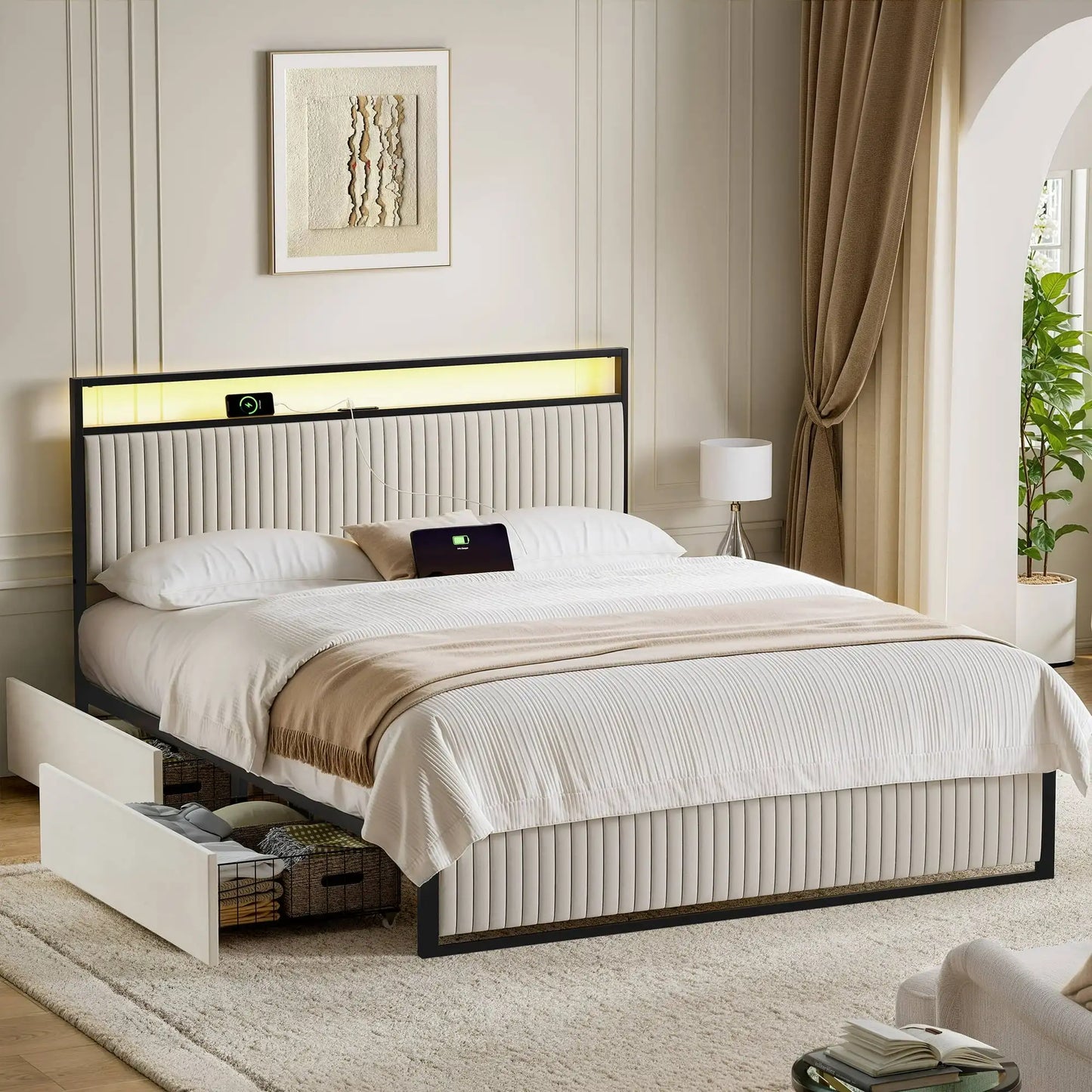 Bed Frame with Headboard, Platform Bed with 2 Drawers, Velvet Upholstered Bed Frame with LED Lights & Charging Station, Beds
