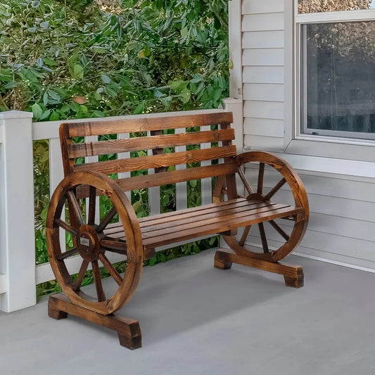 Rustic Fir Wood Garden Bench, Outdoor Wagon Wheel Wooden Loveseat, Brown Patio Bench for Outdoors