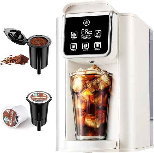 Maker for K Cup and Grounds, 6-14 Oz Brew Sizes, 50 Oz Removable Water Tank, One Cup Coffee Machine with Reusable Filter, White