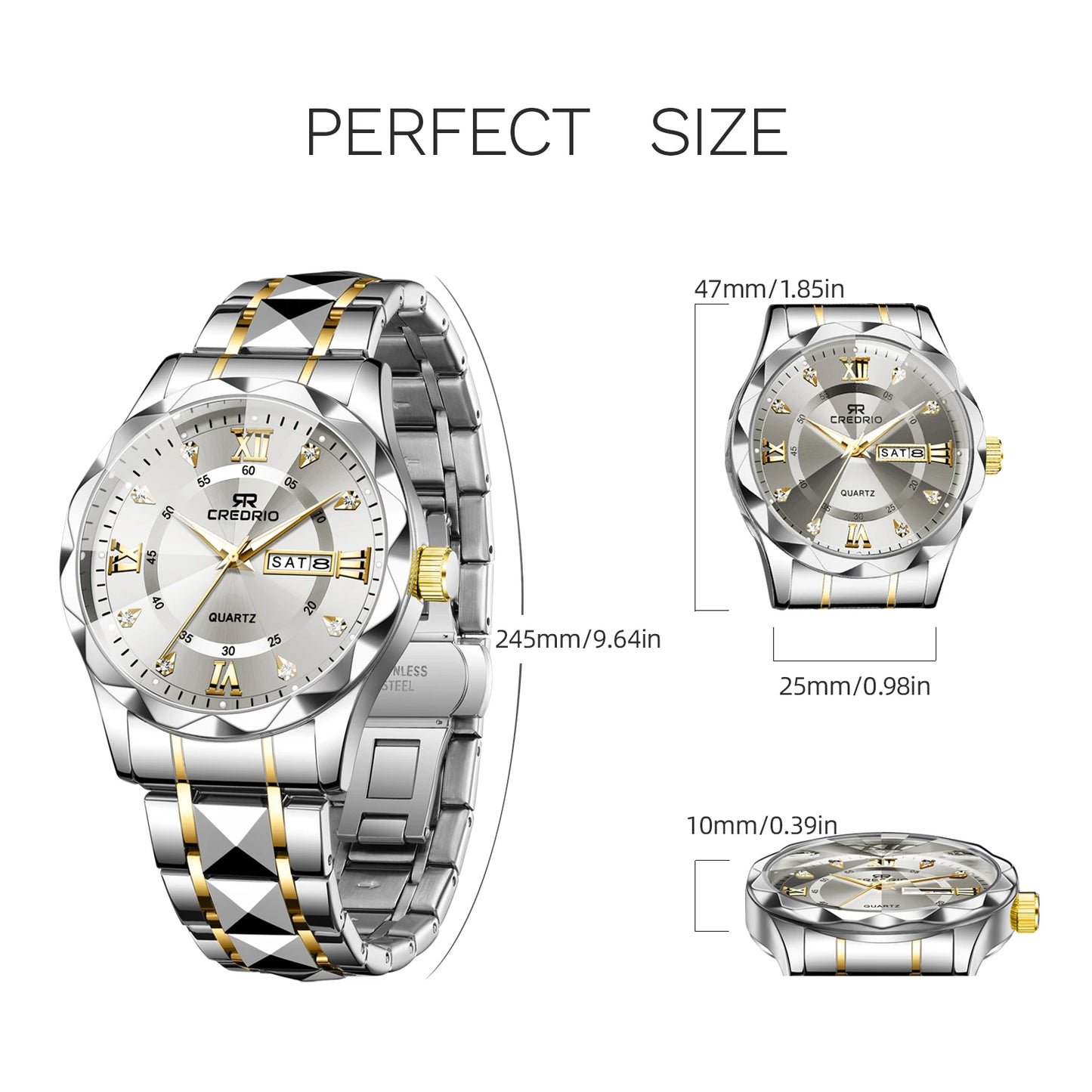 CREDRIO Men's Watches    Men's Rhinestone Luxury Luminous Waterproof Dual Calendar Week Quartz Movement Fashion Business Watch