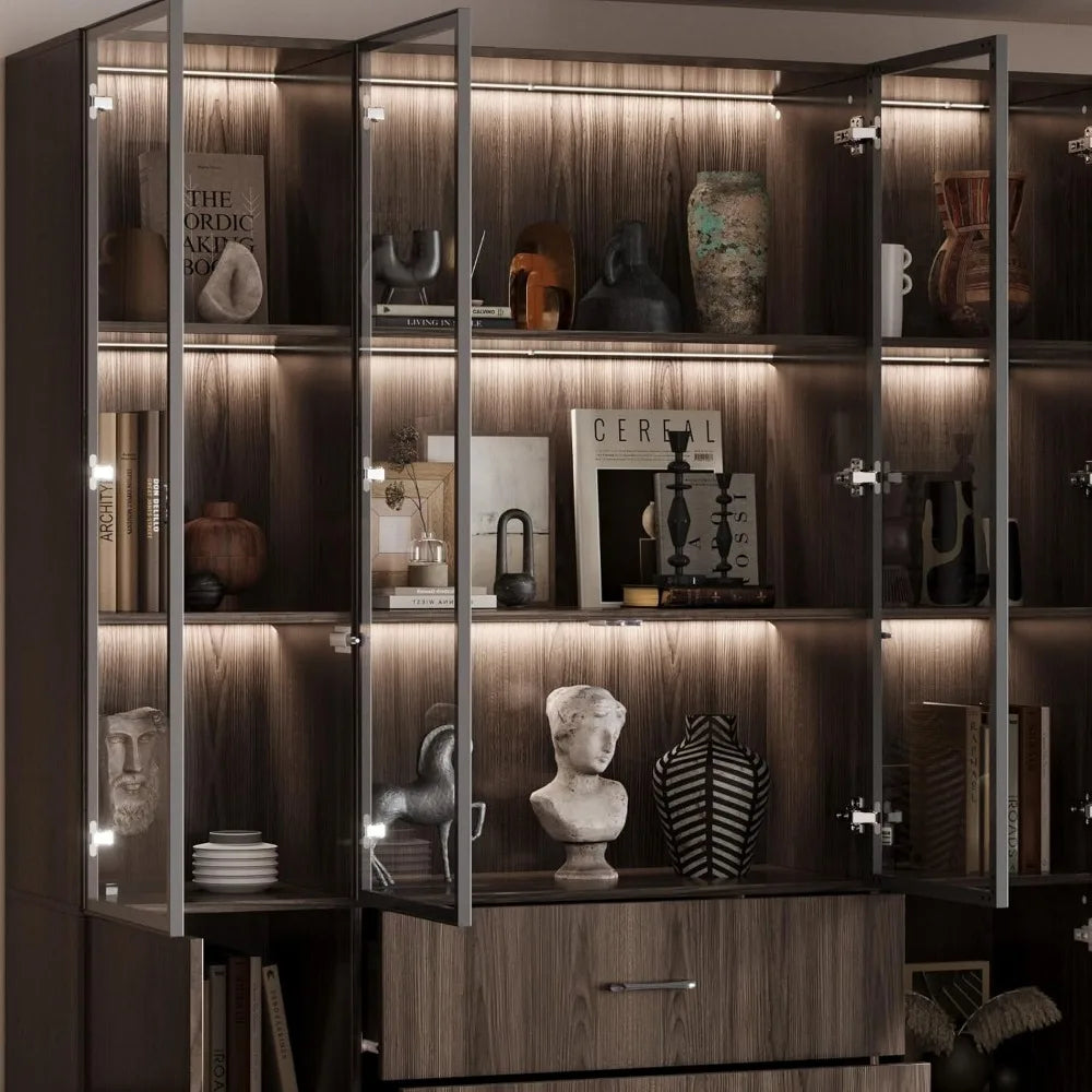 Display Cabinet with Glass Doors and Lights, Display Case Trophy Case with 3 Drawers & Storage Shelves, Pop-up Design, Glass Ca