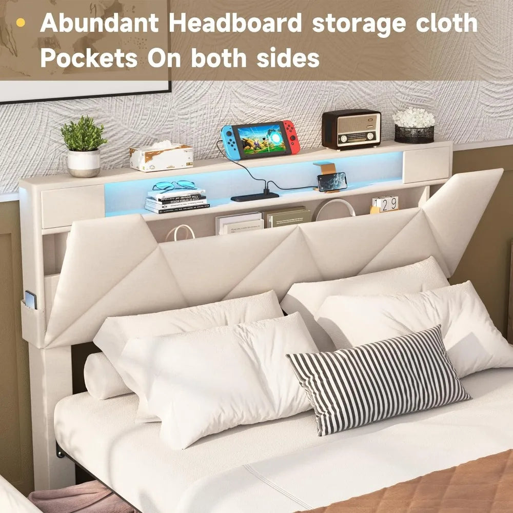 Full Bed Frame with Storage Headboard and 4 Drawers,Upholstered Platform Charging Station and Led Lights,Adjustable Headboard