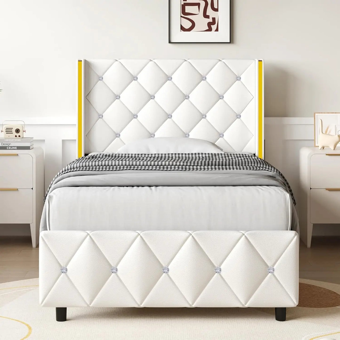 Queen Size Bed Frame with Diamond Headboard, Pink Bed Frame Queen, Upholstered Platform Bed Frame Faux Leather