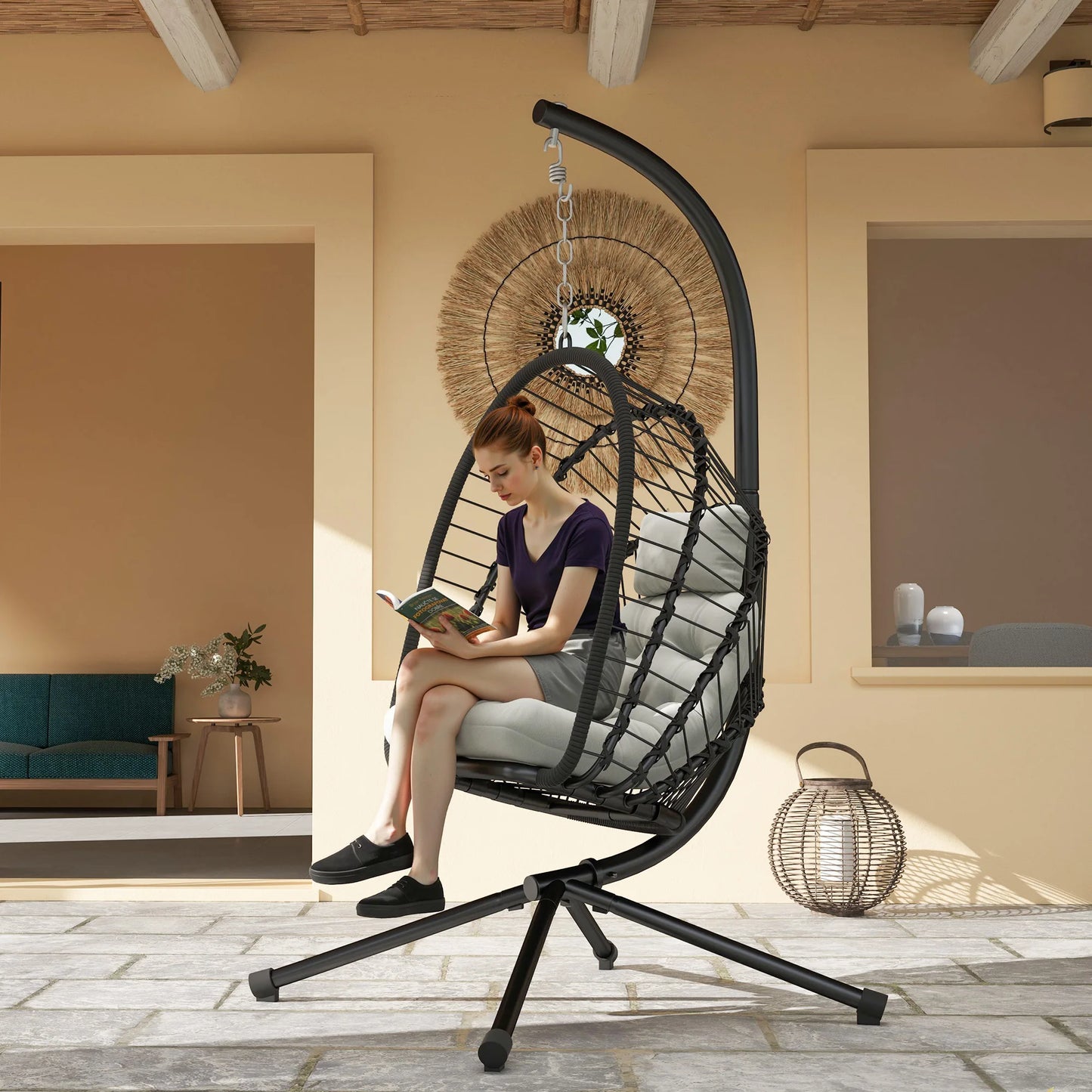 Outsunny PE Hanging Swing Chair w/ Thick Cushion, Patio Hanging Chair, Black