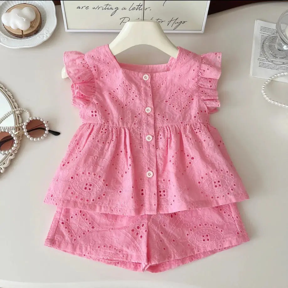 Children's Clothing Sets Fly Sleeve Lace Top + Shorts 2pcs Sets Baby Girl Clothes Kids Clothes Girls Kids Boutique Clothes