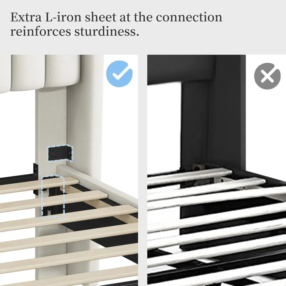 Bed Frame Upholstered Platform Bed with Fabric Headboard, Wing Edge Design/Non-Slip and Noise-Free/Wooden Slats Support