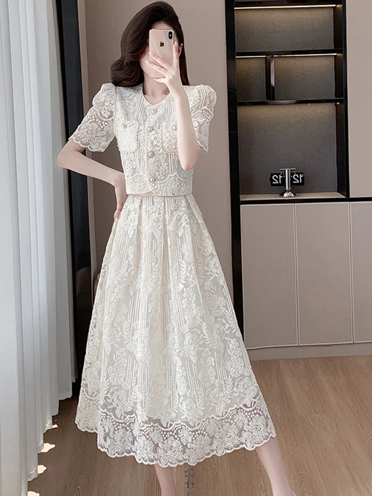 2024 Summer New Embroidery Lace 2 Piece Set Chic Women Beaded Flower Single Breasted Short Top + A Line Midi Skirt Suits High Qu