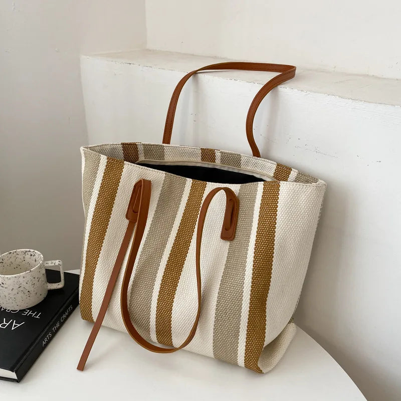 Raffia Summer Bags for Woman 2024 Stripe Designer Shoulder  Crossbody Shopper Storage Bag Women Casual Canvas Handbag Tote Bag