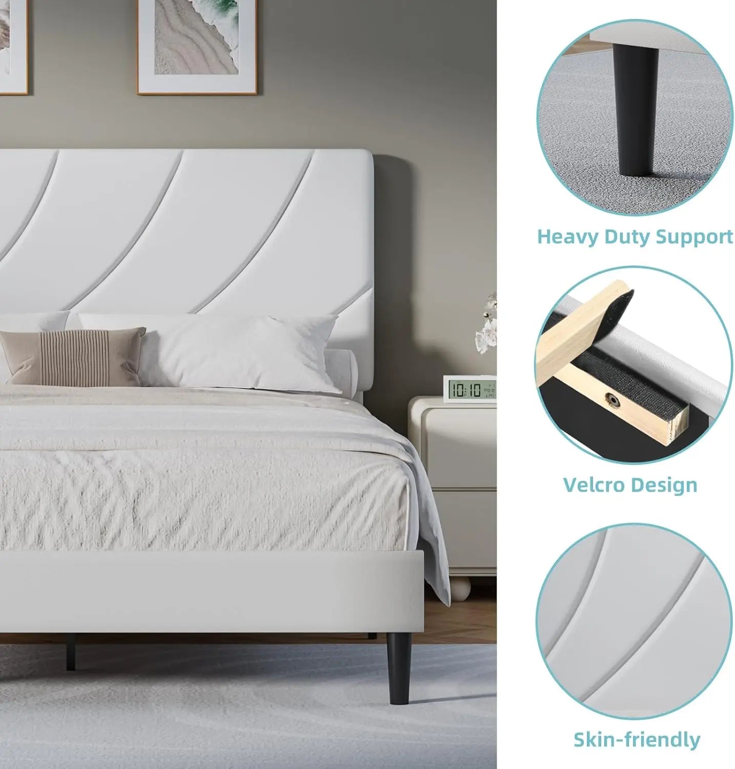 Queen Bed Frame, White Queen Upholstered Bed Frame with Shell Shaped Headboard, Wood Slats Support, PU Leather,