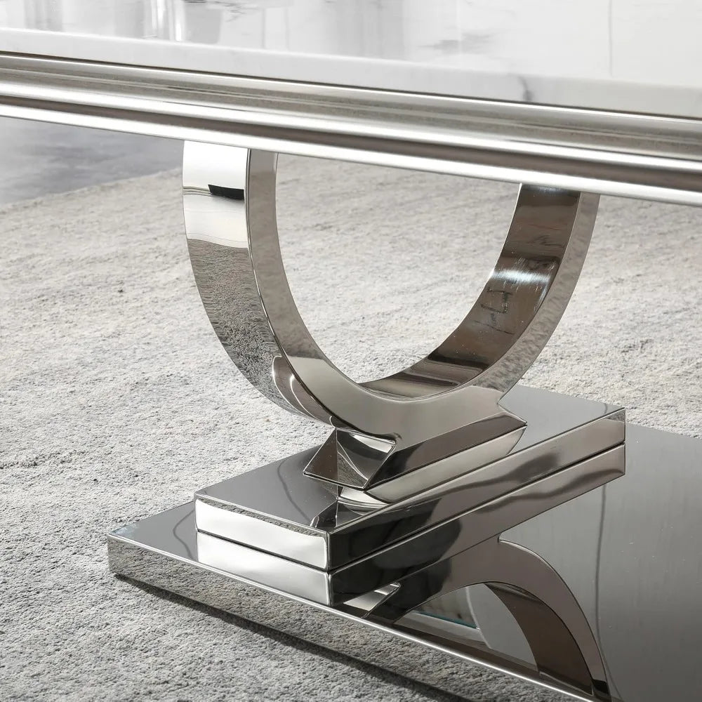 Modern Marble Coffee Table,Rectangular White and Silver with U-Shape Stainless Steel Base with Silver Mirrored Finish LivingRoom