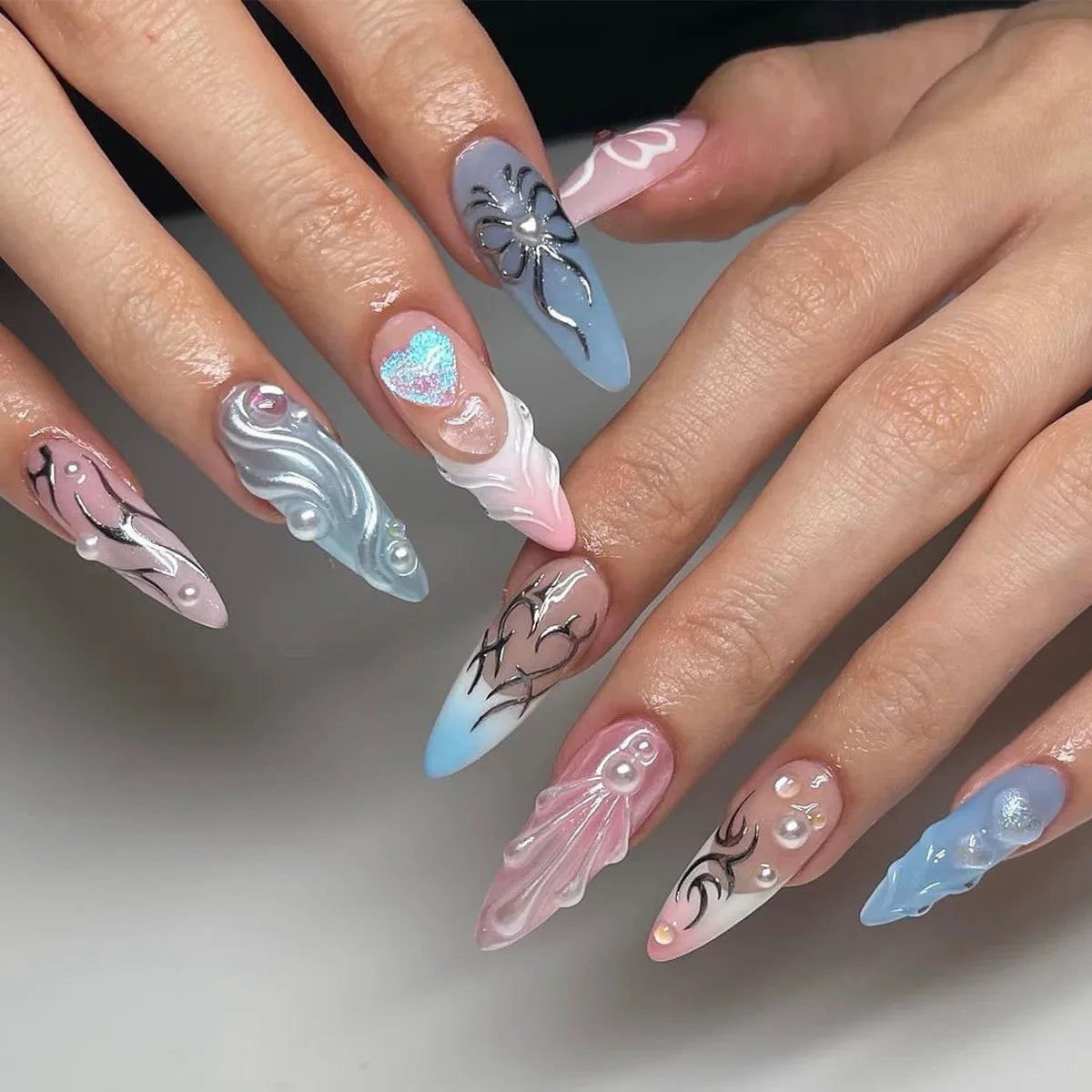 24pcs Aurora Nude Pink Press on Nails Almond Acrylic Sweet Fake Nails with 3d Charms Butterfly Florals Full Cover Flower Nails