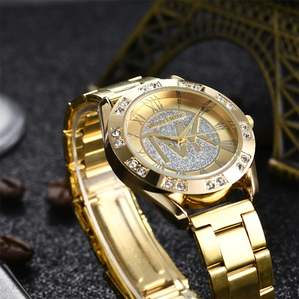 UTHAI Women's Diamond Set Quartz Watch For TVK Logo Fashion Stainless Steel Bracelet Gold Men Trendy Clock Watches