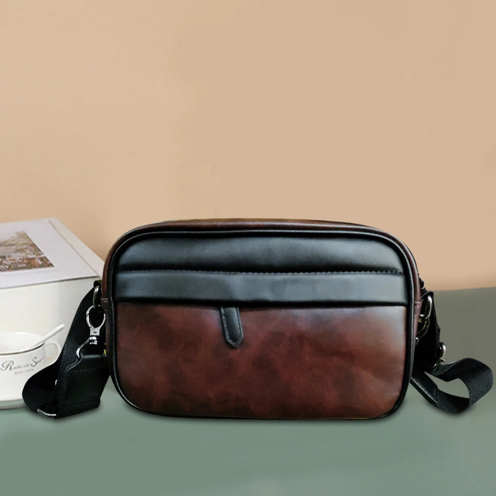Leather Fashion Crossbody Bag Classic Pattern Casual Business Men Shoulder Crossbody Bag Wide Strap Small Square for Travel Work
