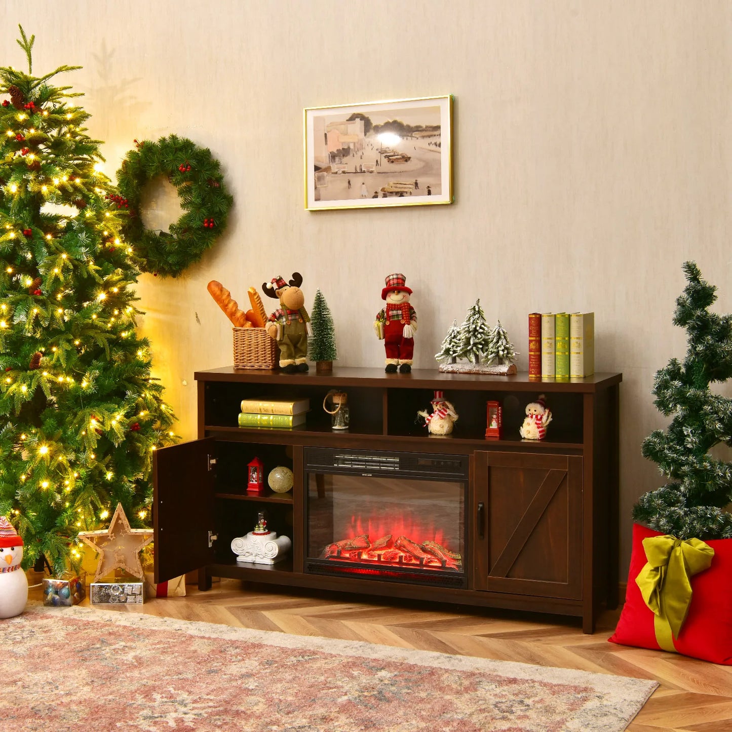 59" Fireplace TV Stand W/ 25" 1350W Electric Fireplace Heater Coffee