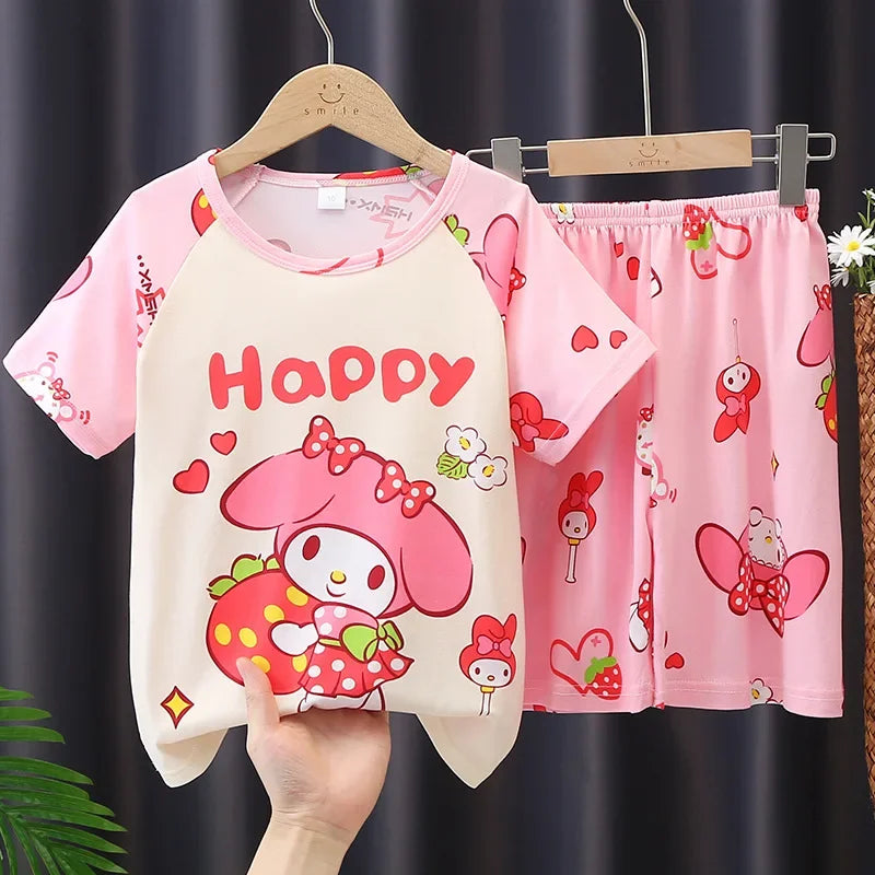 Cartoon Melody Summer Pajamas for Girls and Boys Short Sleeved Comfortable Sleepwear and Home Clothing Set for Kids Teenagers