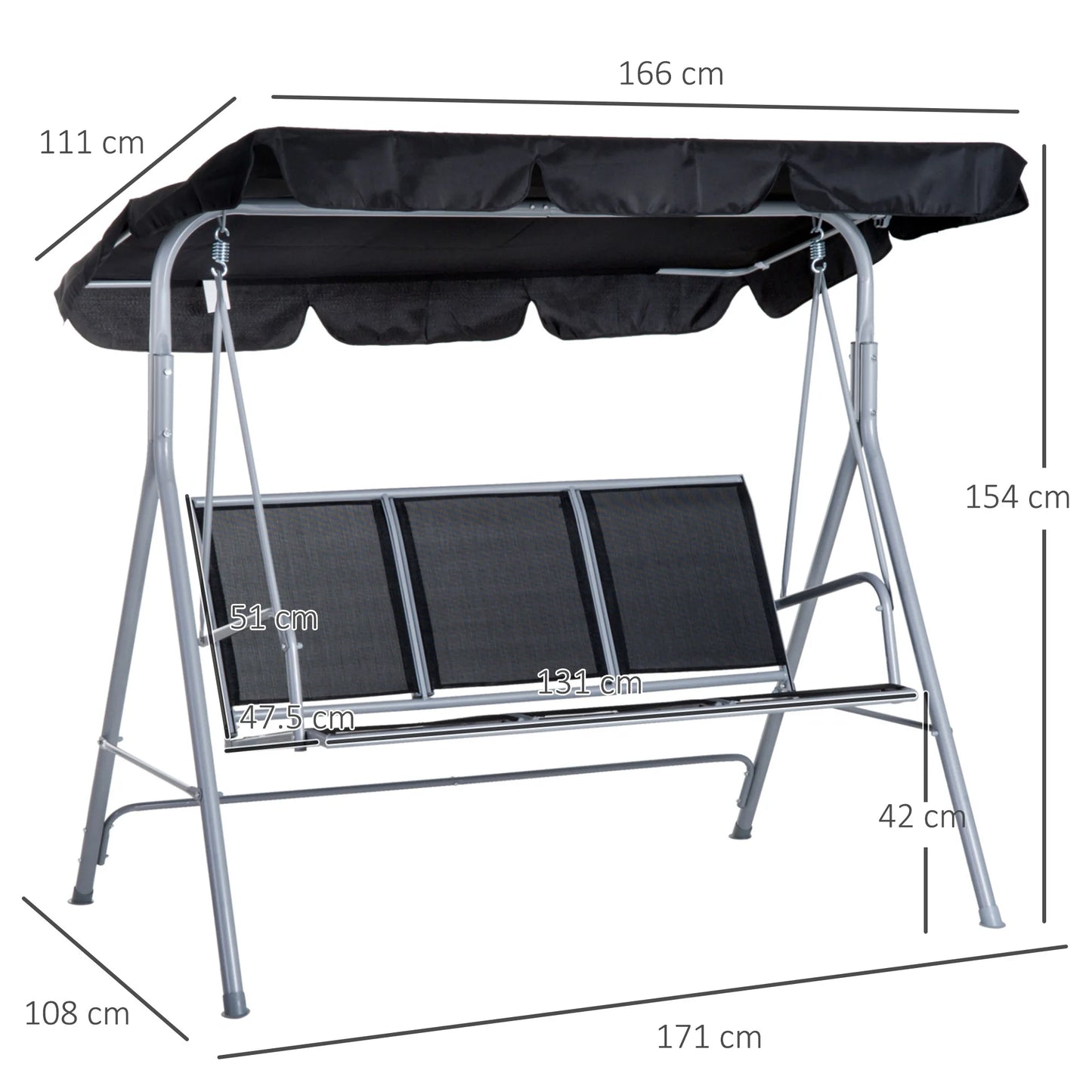 Outsunny 3 Seater Swing Chair Garden Canopy Swing Bench Hammock with Breathable Fabric for Patio, Black