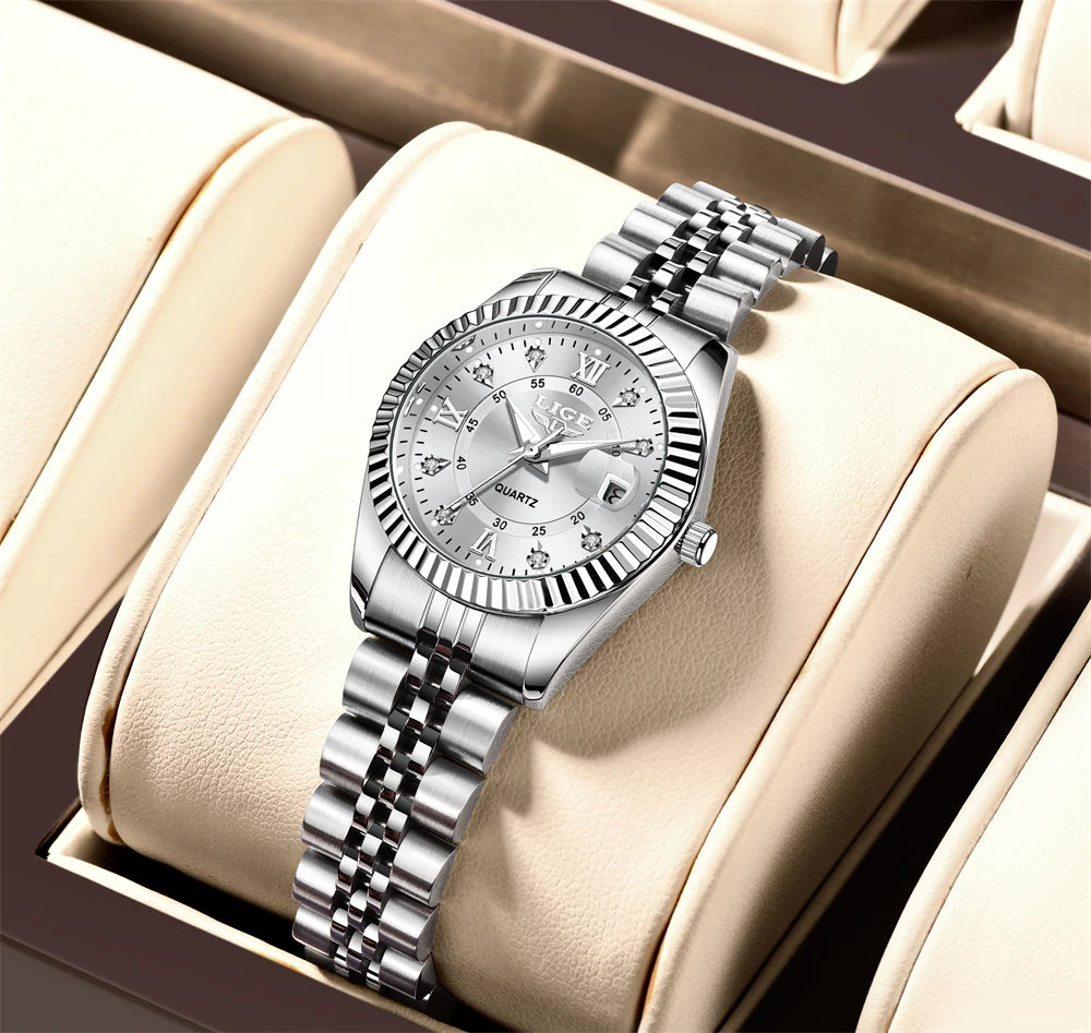 LIGE Fashion Woman Watch Stainless Steel Waterproof Auto Date Elegant Ladies Wristwatch Luxury Original Quartz Watch for Women